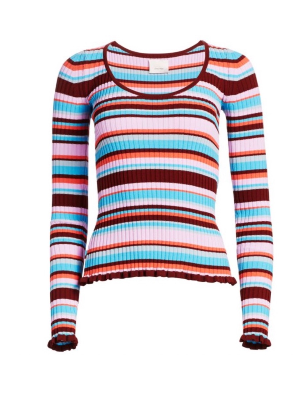 Cinq A Sept Striped Ribbed Ruffle Long Sleeve Top Size Small New